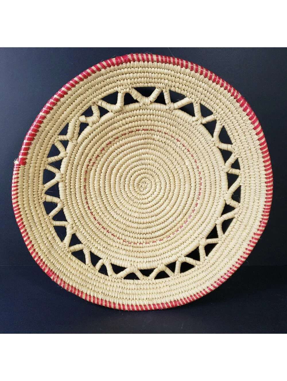 Hand Coiled Pedestal Basket Red Trim Round 11.5